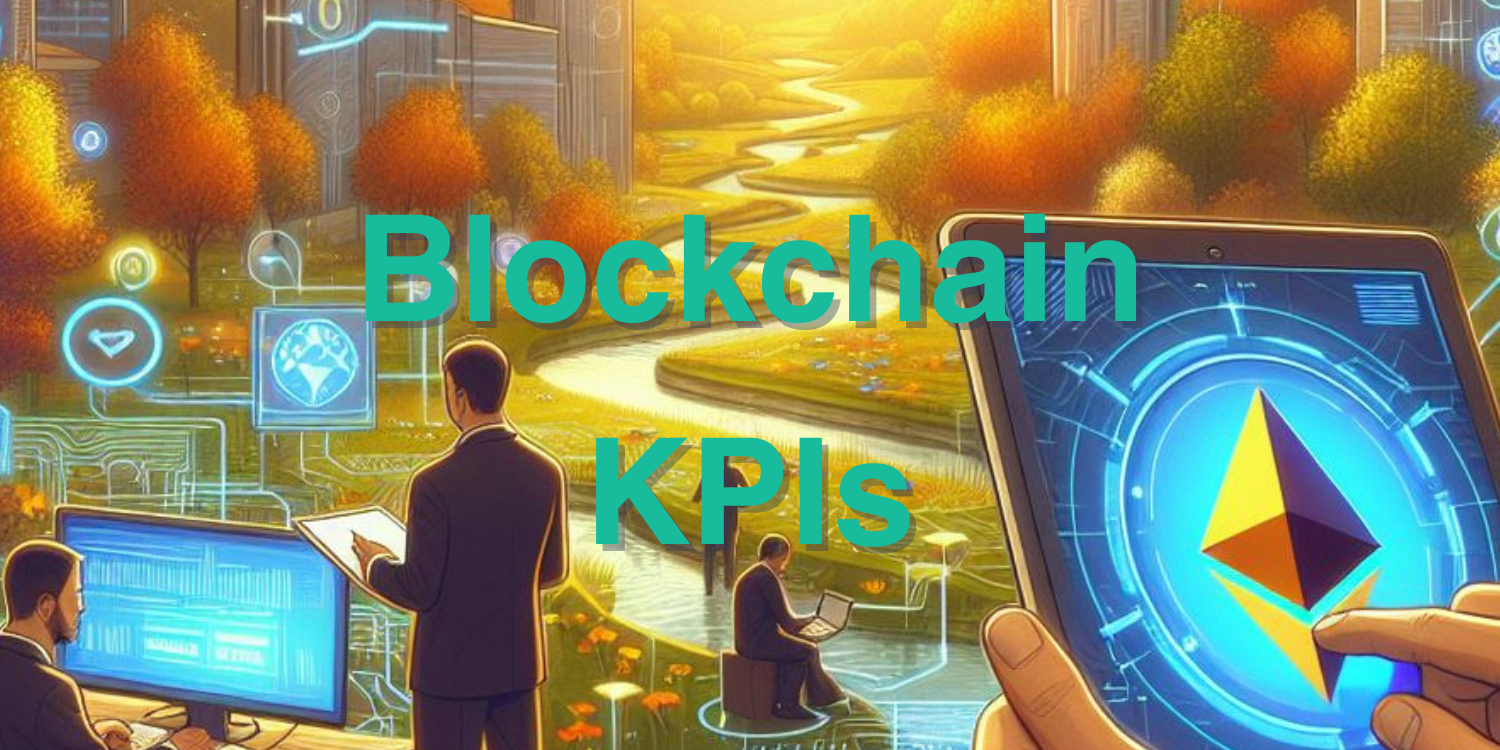 article banner, blockchain KPIs, paul simroth, picture showing people analyzing ethereum in a futuristic city with lots of nature