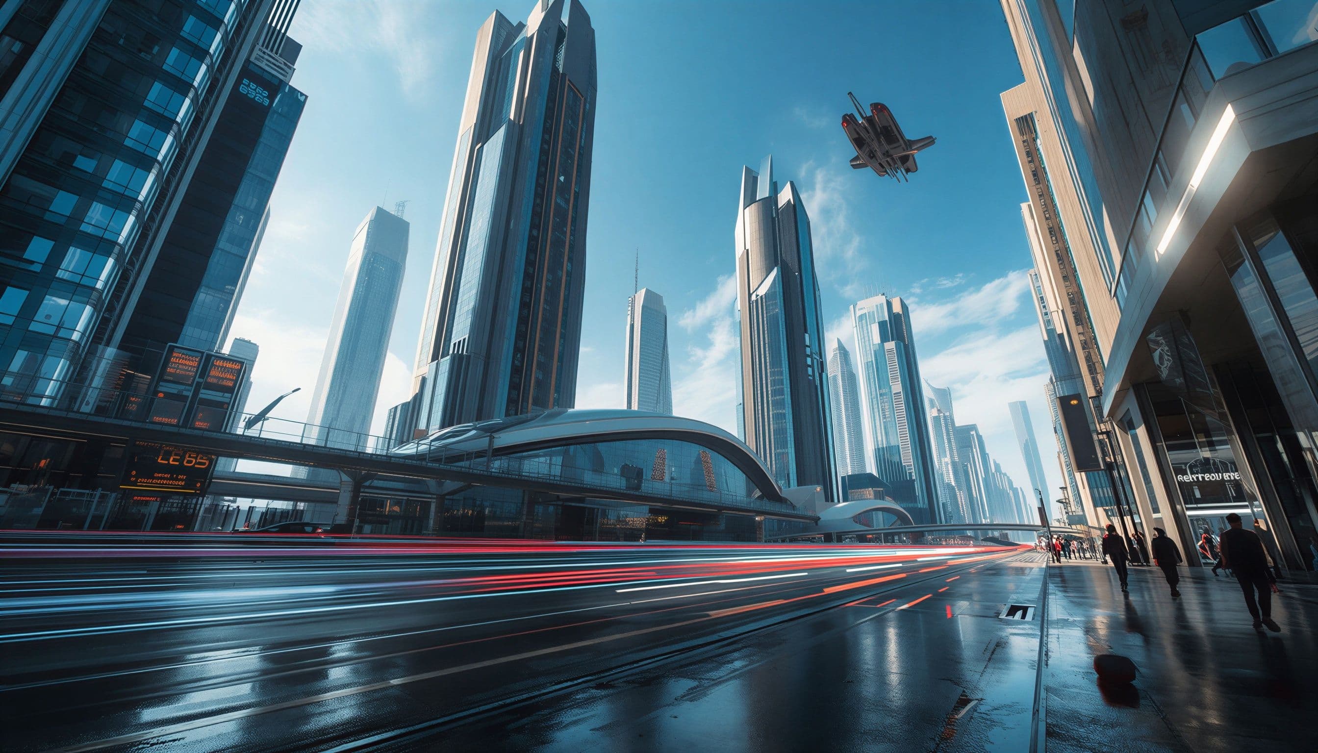article banner, blockchain KPIs, a futuristic cityscape with sleek skyscrapers and neon lights reflecting off the wet pavement, under a clear blue sky with a few wispy clouds, featuring flying cars zipping by and pedestrians walking on a bustling sidewalk